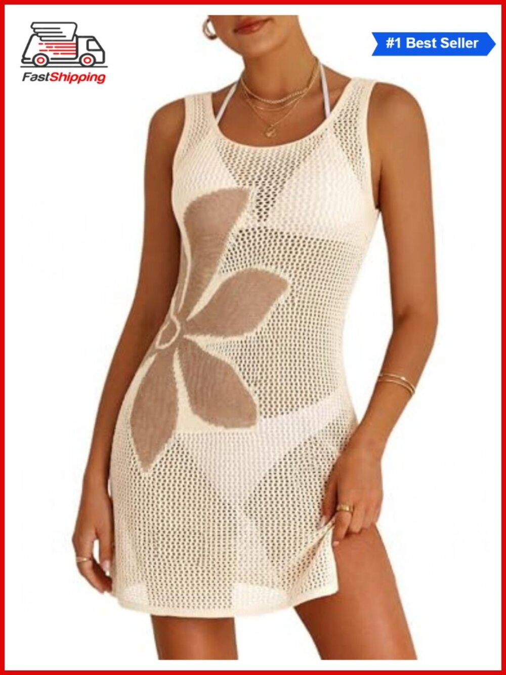 Women's Open Knit Floral Swimsuit Coverup Sleeveless Beach